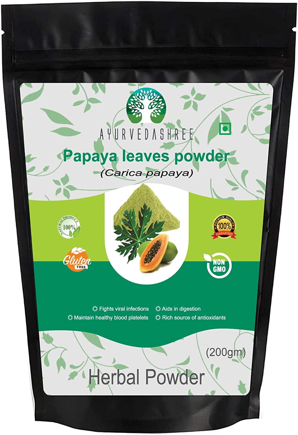 AYURVEDASHREE Papaya Leaf Powder 200 Gm Dried from Fresh Green Leaves