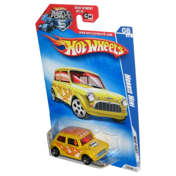 Hot Wheels Heat Fleet '09 8/10 Yellow Morris Mini Toy Car 124/190 - (Battle Force 5 Card)