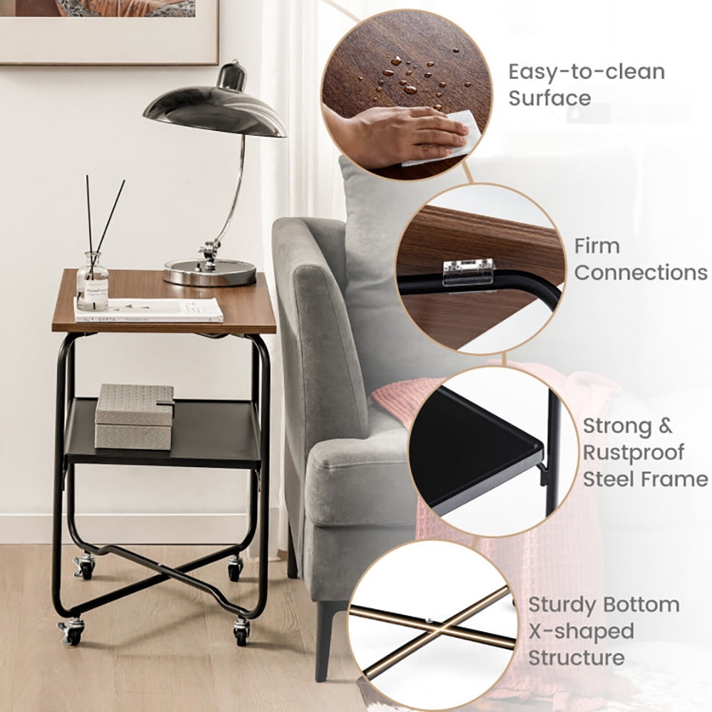 Finihen End Table, 2-Tier End Table with Metal Storage Shelf and Foldable Frame, Sofa Side Table, Bed Side Table, for Living Room, Bedroom, Brown Finihen End Table, 2-Tier End Table with Metal Storage Shelf and Foldable Frame, Sofa Side Table, Bed Side Table, for Living Room, Bedroom, Brown