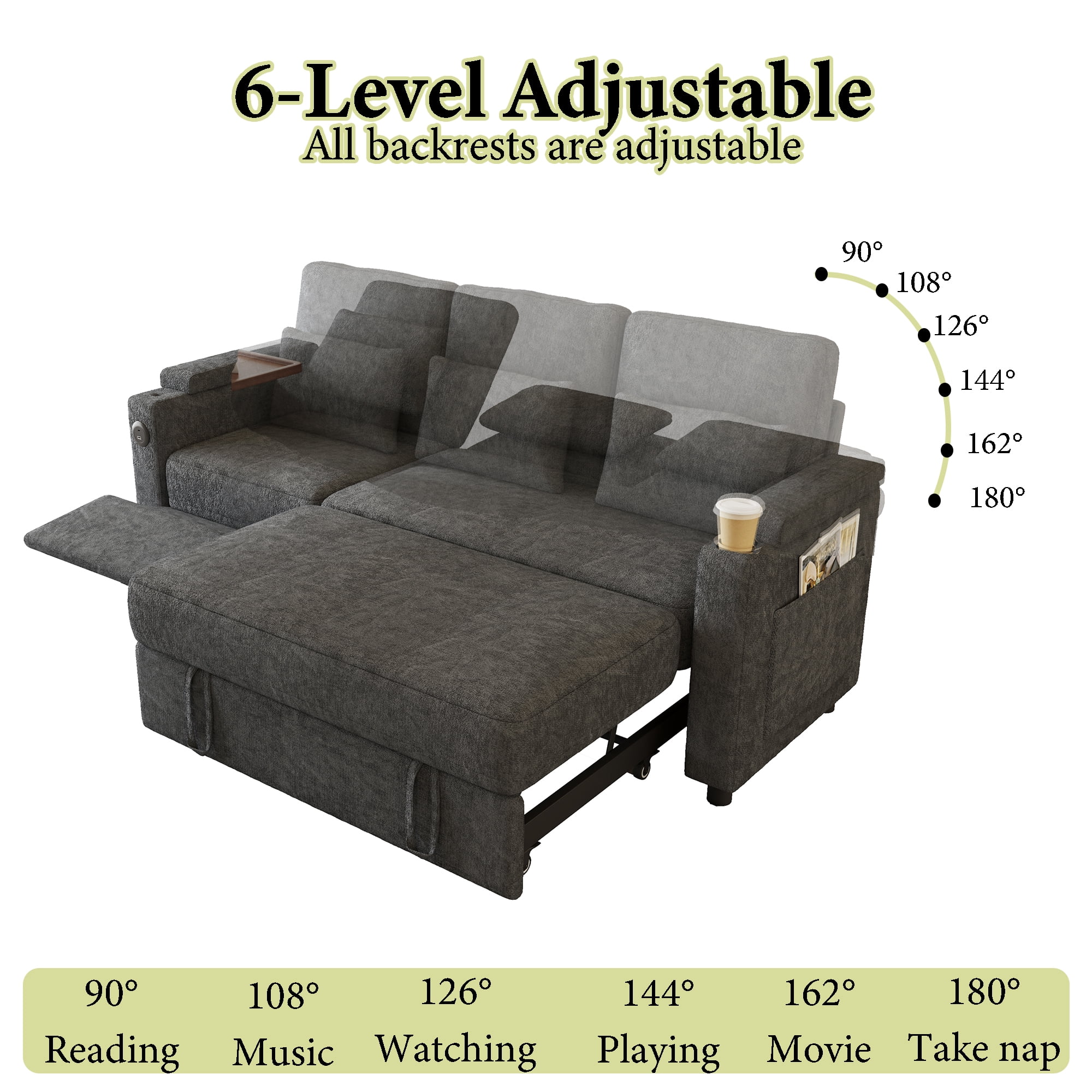 83" 3-in-1 Chenille Foldable Sofa Bed with Electric Chair,USB Ports,Table Board,Storage Armrests & Adjustable Backrest,3-Seater Sleeper,Dark Gray