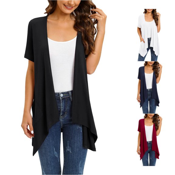 Women Floral Short Sleeve Cardigans for Women Casual Drape Open Front Lightweight Summer Cardigan with Pocket High Low Sweaters for Women with Hoodie M