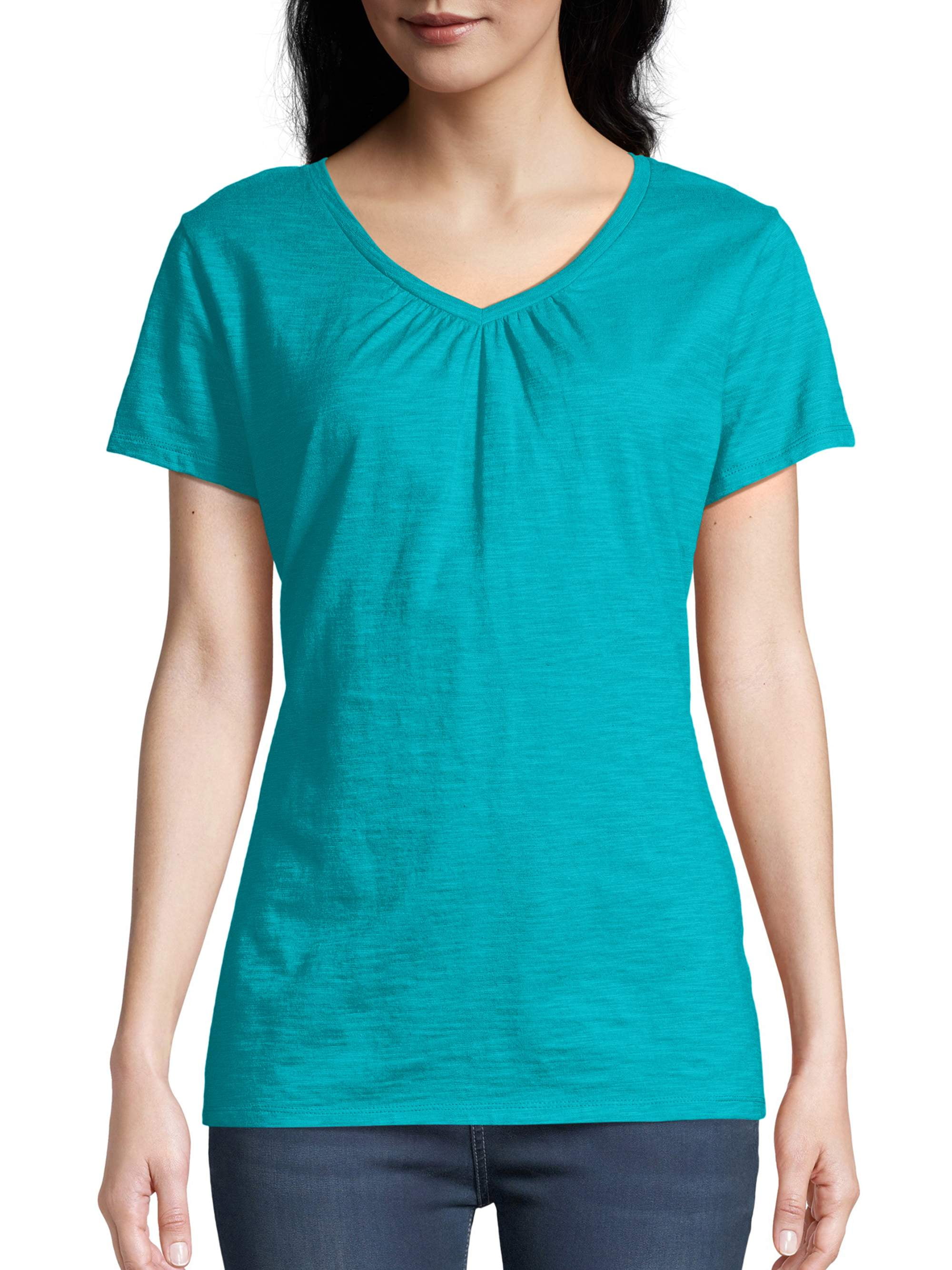 Hanes Women's Slub Jersey Shirred V-Neck T Shirt - Walmart.com