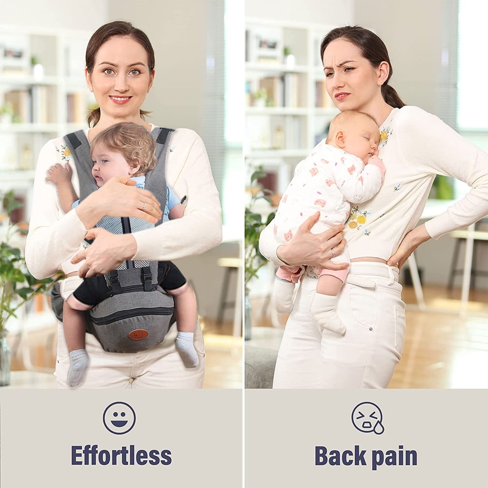 Baby Carrier, 6-in-1 Ergonomic Baby Carrier with Hip Seat Diaper Pocket Front and Back Baby Sling with Waist Stool Lumbar Support for Breastfeeding Newborn to Toddler, Up 50lbs (Gray)