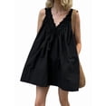 thumbnail image 3 of Women'S V Neck Sleeveless Mini Dress Loose Summer Pleated Swing Flowy Sundress Black S, 3 of 10