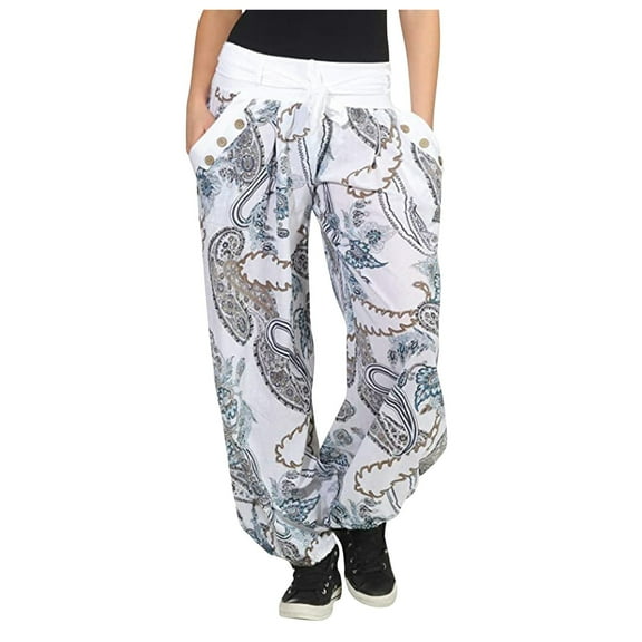 Women Casual Boho Print Pants Wide Leg Pants Loose Pocket Button Harem Pants