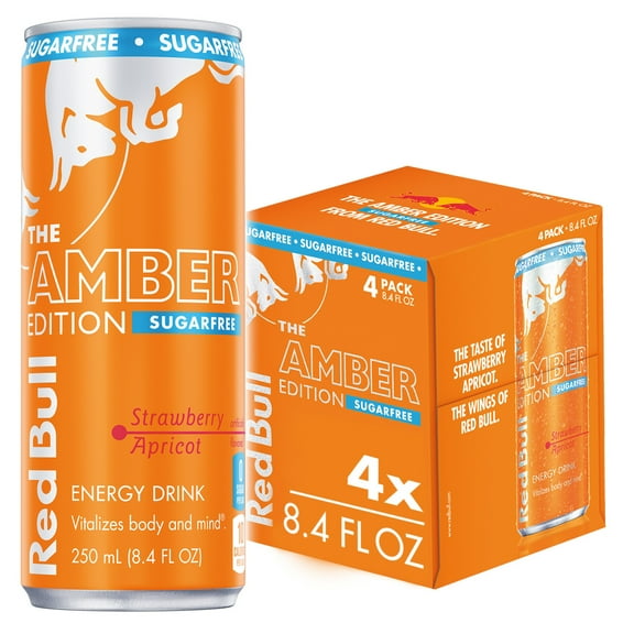 Red Bull Amber Edition Sugarfree Energy Drink, Strawberry Apricot, 8.4 fl. oz., Pack of 4 Cans