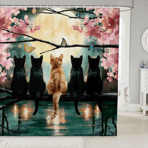 Manfei Cartoon Cat Shower Curtain 72Wx72L, Tokyo Blossoms Floral Bathroom Curtain, Pink Teal