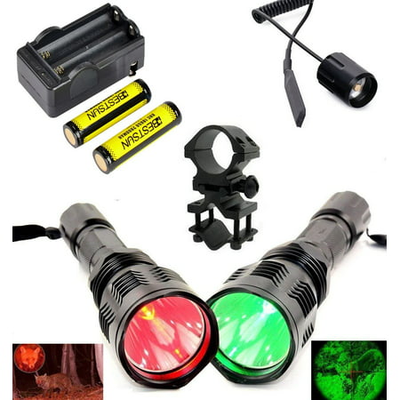BESTSUN Green and Red Light Flashlights, Waterproof Predator Light HS-802 350 Yards Long Range Coyote Hog Varmint Hunting Sets with Remote Pressure Switch, Barrel Mount, Battery and