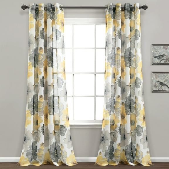 Lush Decor Leah Sheer Floral Metal Grommets Window Panel, 84" x 52", Yellow/Gray, Pair