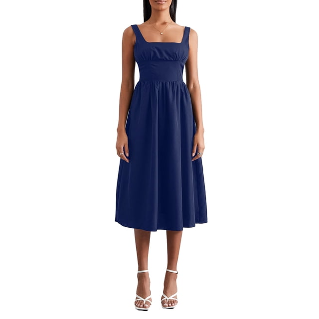 EYIIYE Femmes Été Midi Cami Robe Dames Robe de Cocktail Sans Manches Taille Haute Décontracté Robe de Soirée Couleur Unie pour Fête Vacances