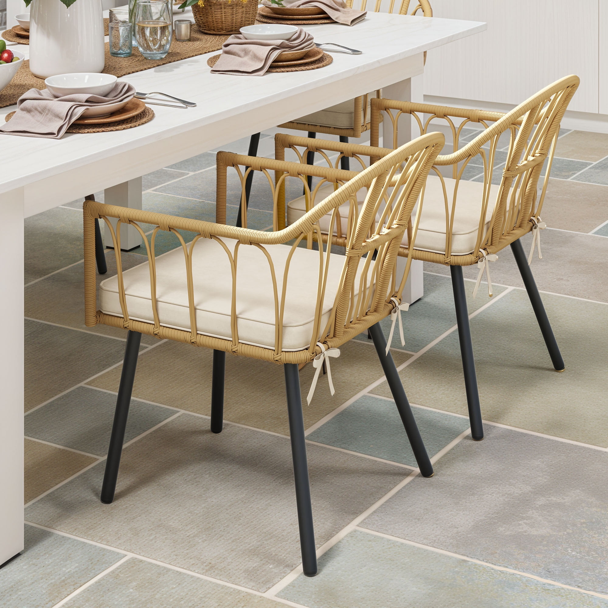 Uforic 4-Piece Rattan Wicker Dining Chairs, All-Weather Indoor Outdoor Patio Bistro Chairs with Cushion and Curved Back, Perfect for Garden Backyard Porch Poolside Restaurant, Beige