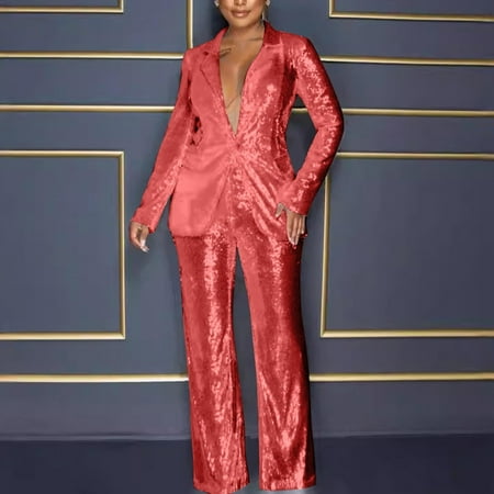 Clearance! Delayuji Womens Sweatsuits 2 Piece Set Sets 2 Piece Outfits 2025 Trendy Sequins Suit Set One Button Notched Lapel Wide Leg Pants Set Sequin Jumpsuits for Women Red M