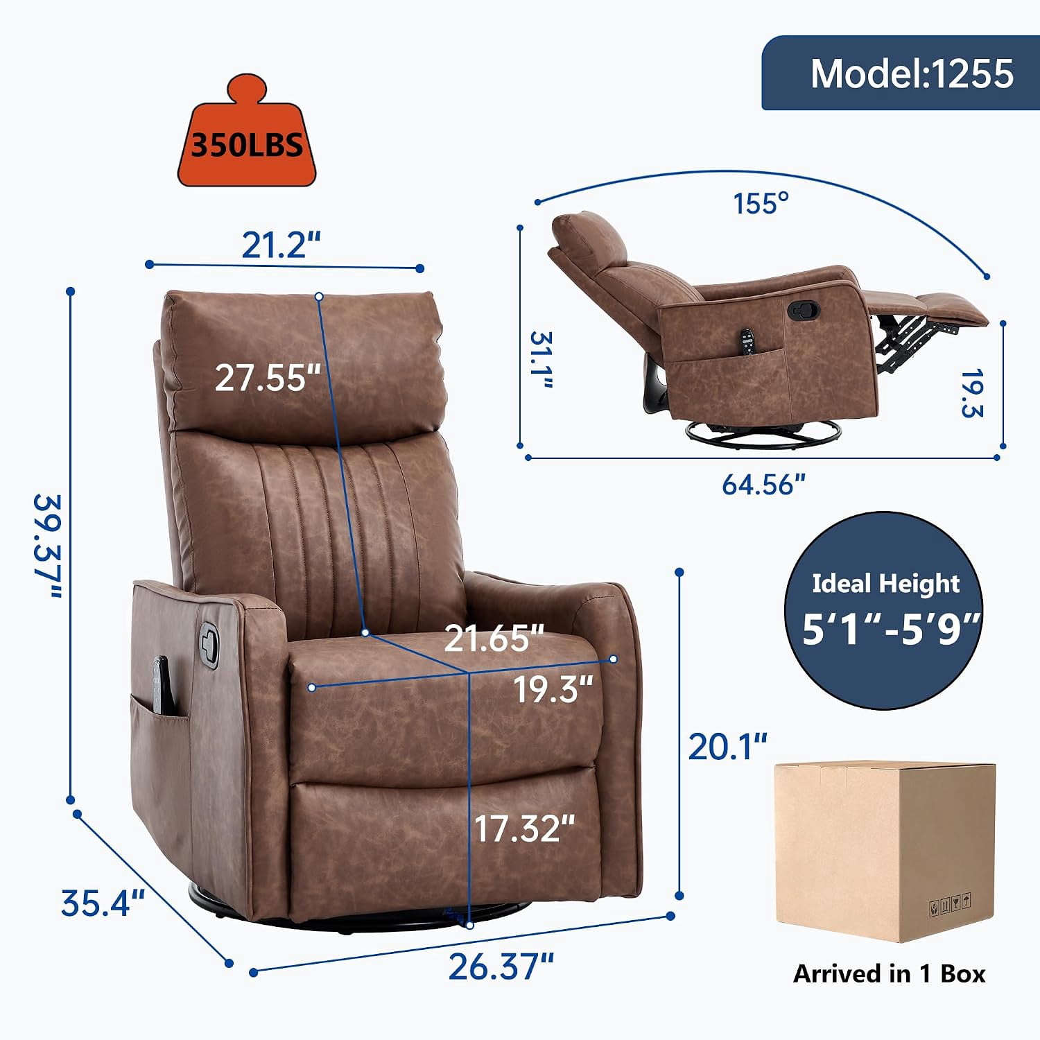 High Back Manual Recliner Chair with Heat & Massage, Swivel Rocker for Living Room Bedroom, Brown