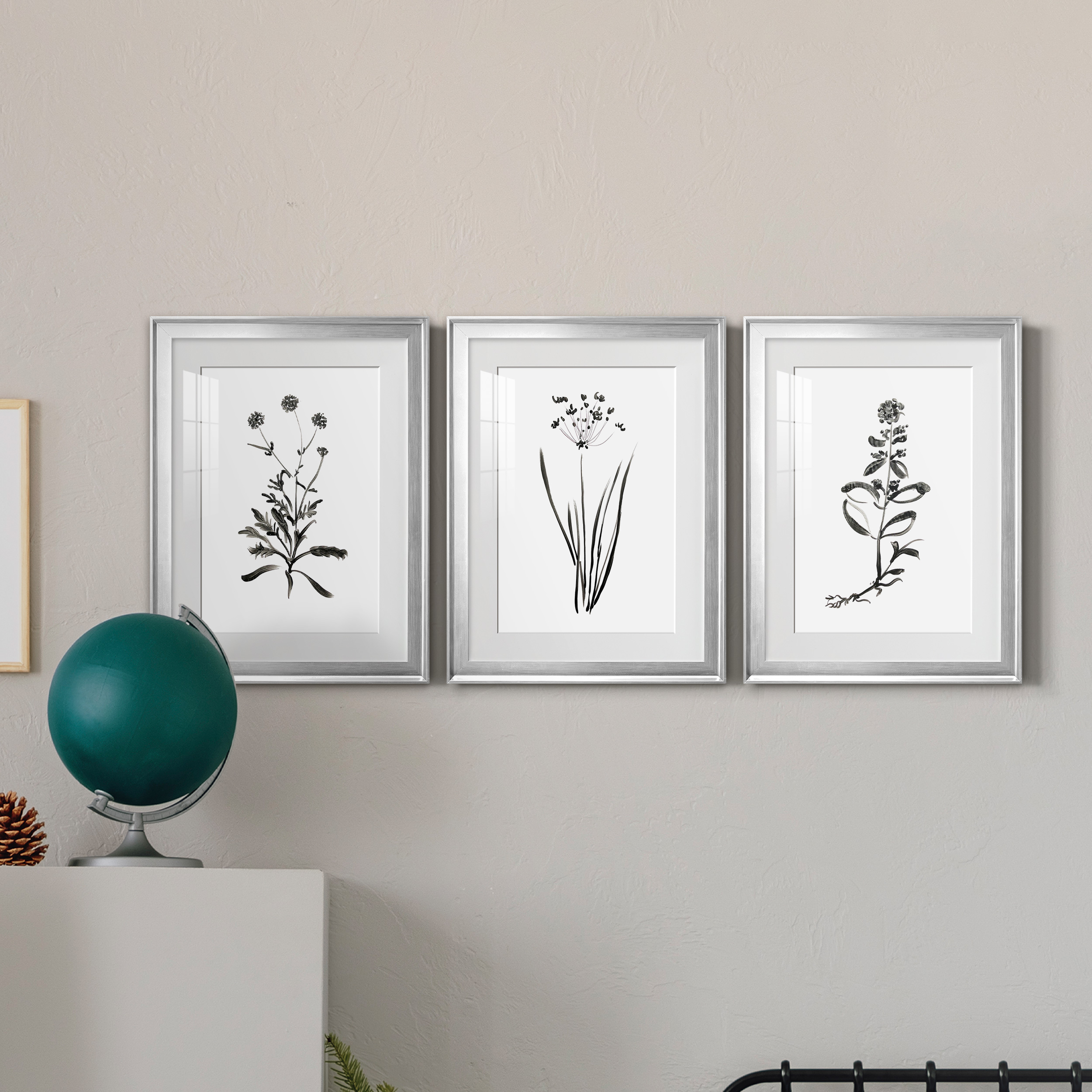 Inky Botanical I Premium Framed Prints Set of 3 - Ready to Hang - 18 x 24 Each - Silver Frame