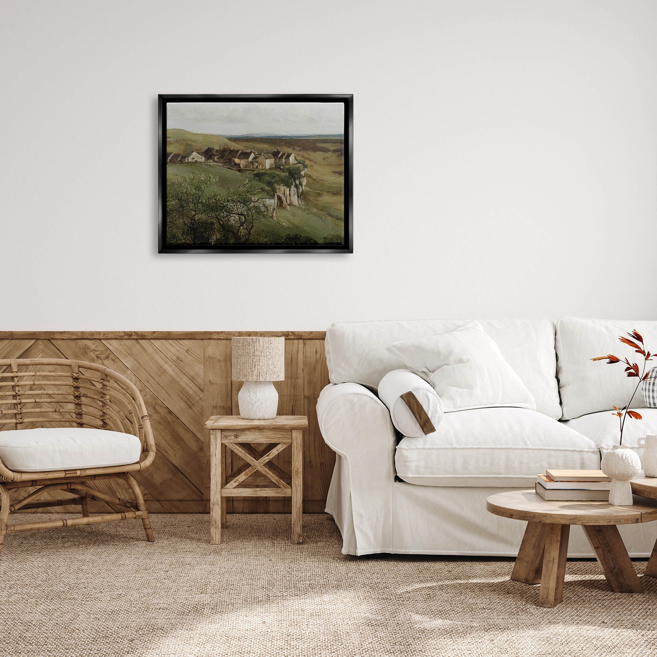 Cliff Cottages Rural Landscape Landscape Painting Jet Black Framed Art Print Wall Art