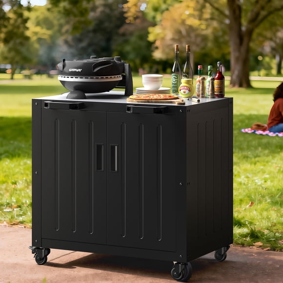 35.9 inch Stainless Steel BBQ Cart with Wheels Lockable, Outdoor Grill Prep Table Storage Cabinet, Weatherproof Island for Patio Lawn Garden, Black