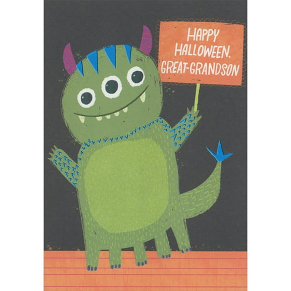 Designer Greetings Green Monster with Three Eyes and Purple Horns Halloween Card for Great-Grandson