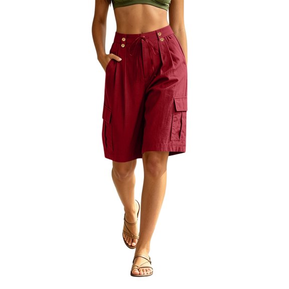 SRZYMJ Womens Bermuda Shorts Knee Length Loose Fit High Waisted Wide Leg Drawstring Work Hiking Cargo Shorts with Pockets