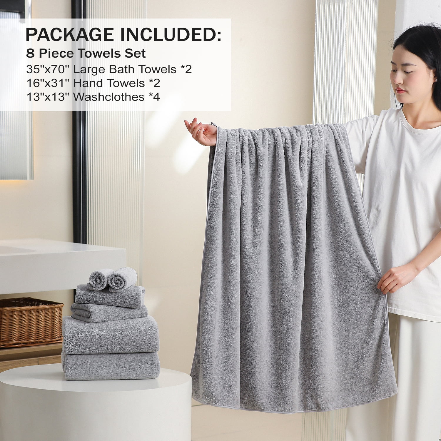 Green Essen 8 Pieces Bath Towel Set Bath Sheet 700 GSM Oversized Thick Bath Shower Towels 35"x 70"-Absorbent-Quick Dry-Multi-Purpose-Assorted Hotel Large Microfiber Bathroom Towels Light Grey