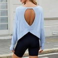 thumbnail image 2 of Workout Shirt for Women Backless Hollow Out Baggy Solid Casual Summer Athletic Long Sleeve Tee Tops with Thumb Holes, 2 of 9