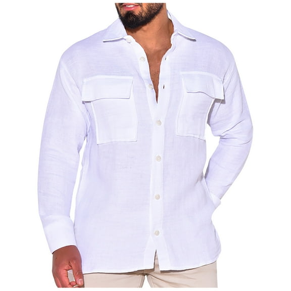 KeShDi Mens Flannel Men Casual Solid Button Turndown Collar Long Sleeve with Blouses Shirts White XL
