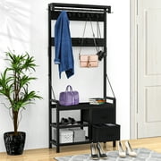 GIKPAL 5 in-1 Hall Tree, Entryway Bench with Coat Hooks Industrial Entryway Bench with 17 Hooks 2 Drawers and Top Shelf, for Hallway or Living Room, Black
