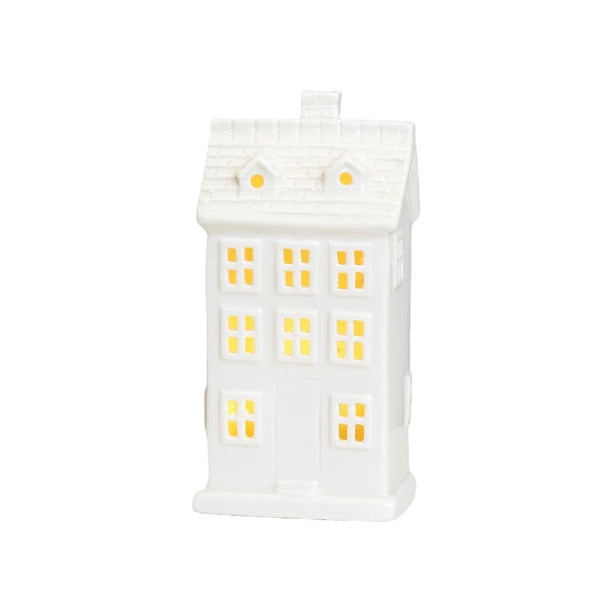 Casa de cerámica blanca con luces LED | Adorno festivo con forma de pueblo navideño