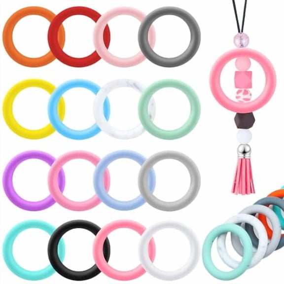 16 Piece Silicone Beadable Ring 65mm Round Silicone Beads Ring Bulk Focal Beads Water Transfer Silicone Beads for DIY Make Handicrafts Keychains Necklaces Lanyards
