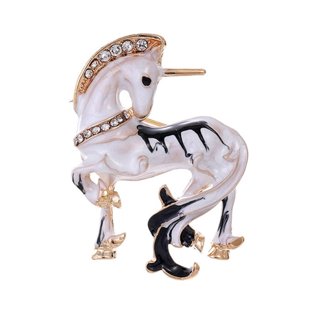 Broche de unicornio blanco esmaltado de aleación con forma de animal, broche de unicornio con diamantes de imitación para abrigos, sombreros, bufandas y bolsos.
