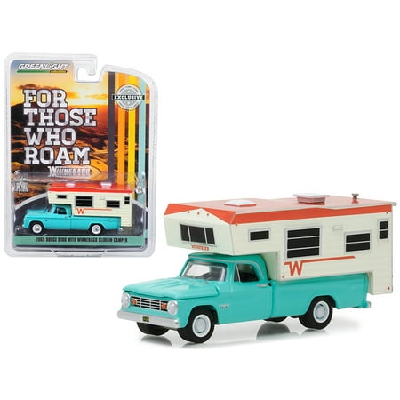 1965 Railroad - 1965 Dodge D-100 Turquoise with Winnebago Slide-In Camper Hobby Exclusive 1/64 Diecast Model Car by Greenlight
