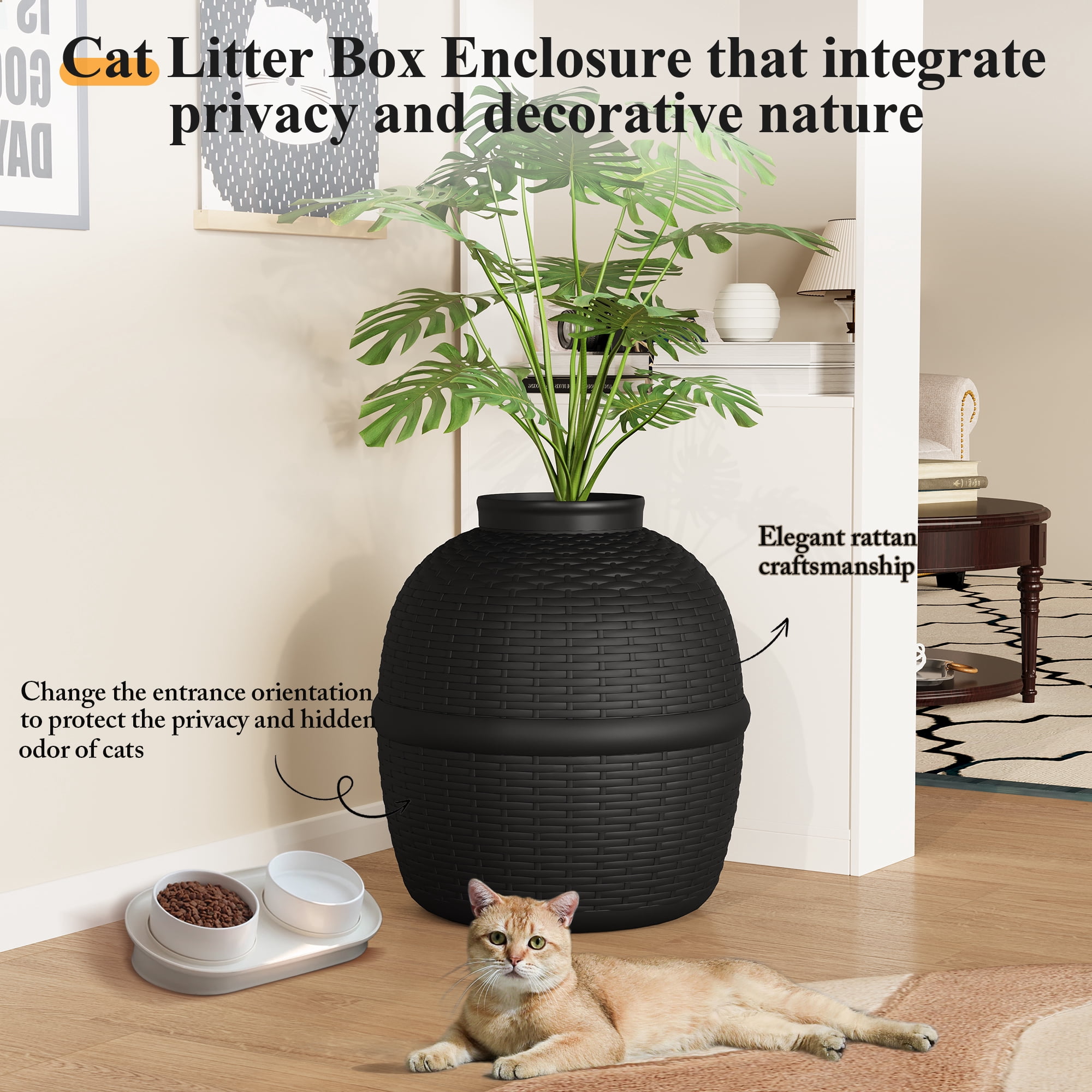 CozyHom Cat Litter Box Furniture Artificial Plant Hidden Calley, Ventilated Waterproof And Odor Resistant, Carbon Filter And 3.3lbs Real Stone Block For Large Cats, Black