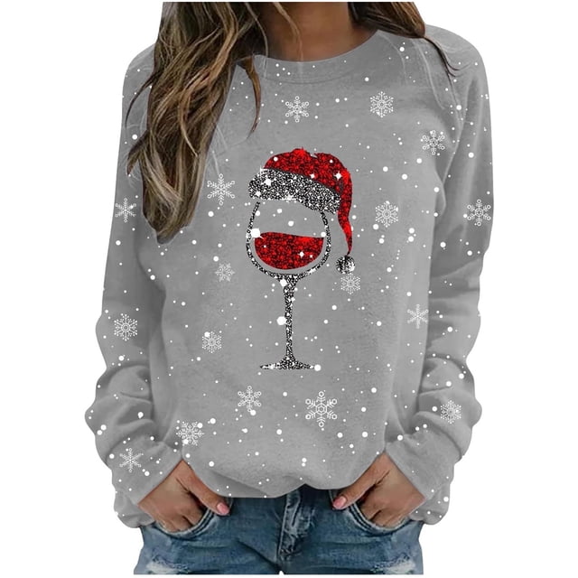 Chandail Décontracté Sans Capuche pour Femme, Automne Hiver, Flocon de Neige de Noël, Verre Rouge Imprimé, Col Rond, Manches Longues