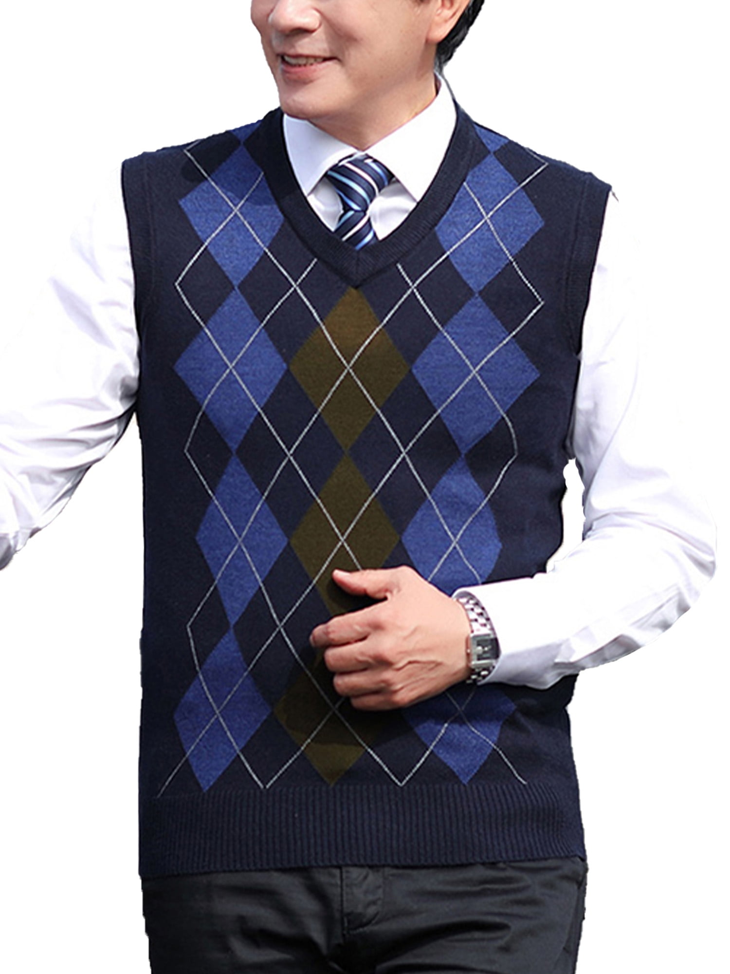 Mens V-Neck Argyle Pattern Sweater Vest Cardigan Knitted Waistcoat
