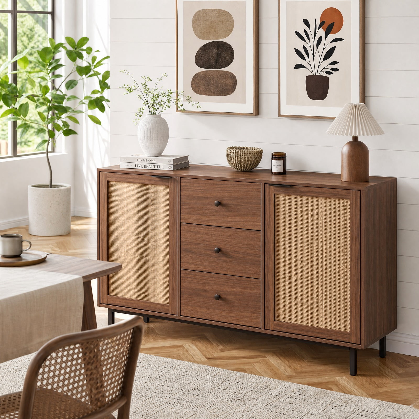 Furnibear Sideboard Buffet Cabinet Rustic Farmhouse Coffee Bar Table with 2 Rattan Doors and 3 Drawers for Kitchen Dining Living Room Buffet, Brown