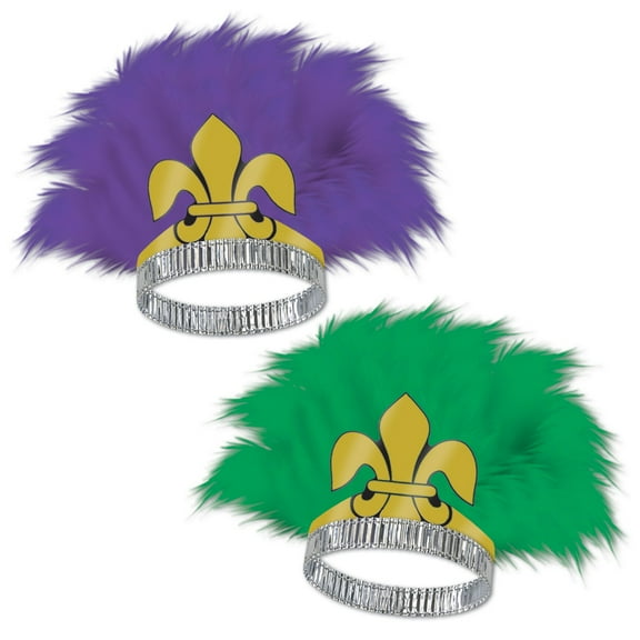 Beistle Club Pack of 25 Purple and Green Fleur De Lis Feathered Tiaras