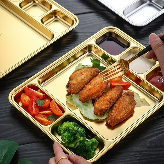 Dream Lifestyle Large 6 Compartment Cafeteria Food Tray, Cafeteria Eating Mess Tray, Heavy Duty Divided Dinner Plate for Travel, Picnic - Silver