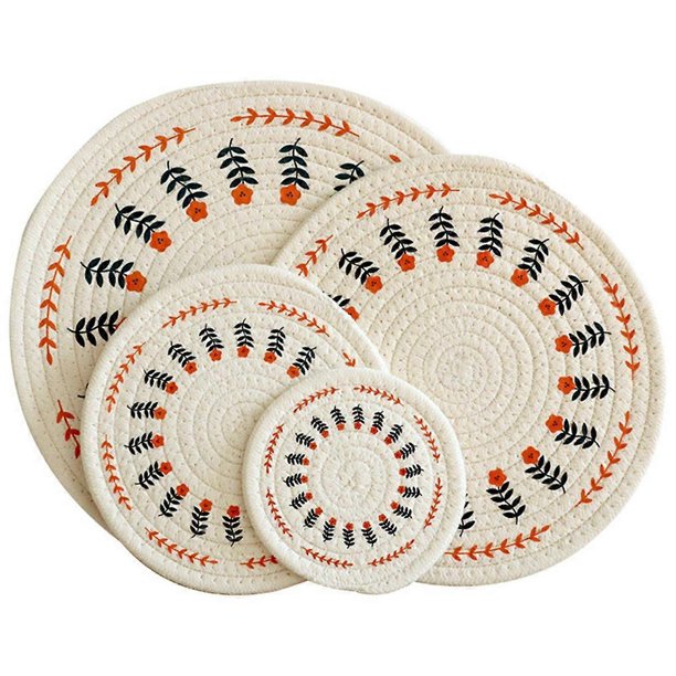 4 piezas de almohadillas aislantes redondas de algodón tejido grueso, mantel individual estampado, posavasos, flores