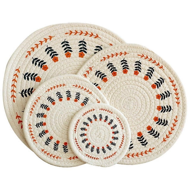 4 piezas de almohadillas aislantes redondas de algodón tejido grueso, mantel individual estampado, posavasos, flores