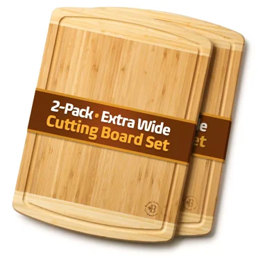 Large Cutting Boards for Kitchen - 2 Pack Bamboo Wood Cutting Board with Deep Juice Groove - Charcuterie Boards & Chopping Butcher Block for Meat