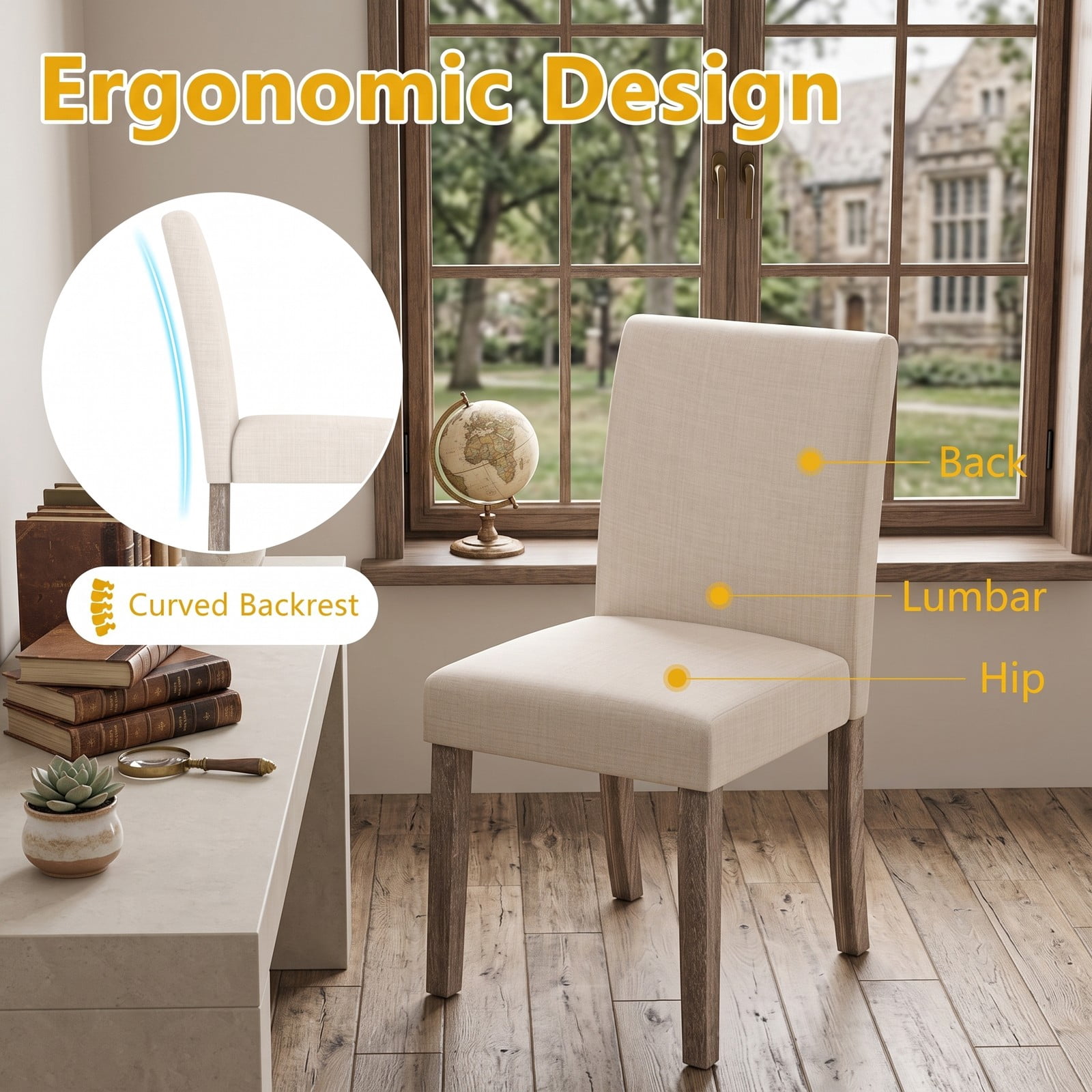 Furnibear Counter Height Bar Stools Set of 2, 24.5 Inch Upholstered Linen Kitchen Island Stools with Backrest and Footrest, Rubber Wood Frame Dining Chairs for, Beige