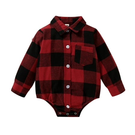 Younger Tree Toddler Baby Boy Girl Flannel Shirt Newborn Long Sleeve Plaid Bodysuit Clothes,Size 0-18 Months
