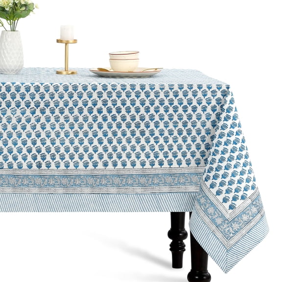 Handmade Indian tablecloth 60x60 inch, cotton square table cover, block print blue floral design, perfect for weddings, parties, spring summer decor, apatite blue