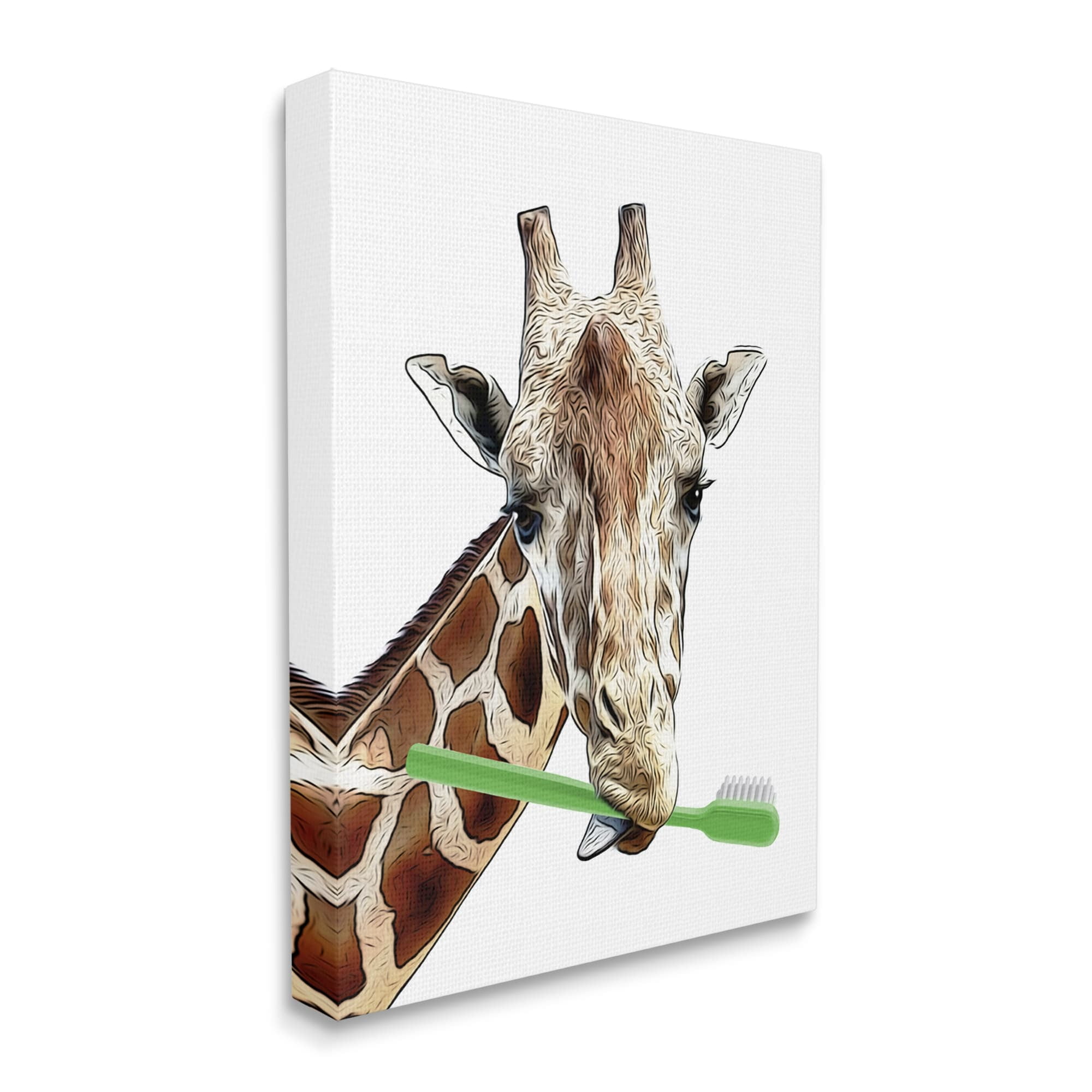 Stupell Industries Giraffe Green Toothbrush Bathroom Animals & Insects Painting Gallery Wrapped Canvas Print Wall Art