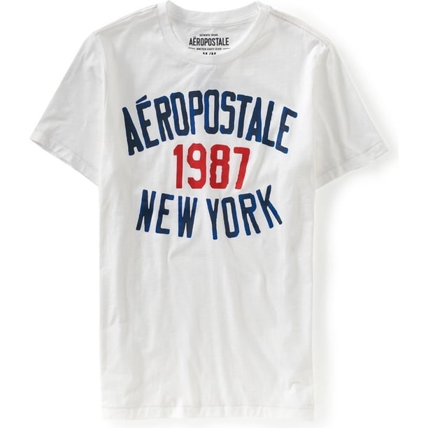 Aeropostale Mens 1987 New York Painted Graphic Camiseta, Blanco, Pequeño