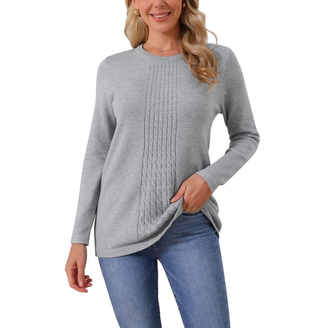 Suéter de punto de cable acogedor para mujer Inspire Chic de otoño e invierno, pulóver de ajuste holgado, cuello redondo casual, talla XL, gris