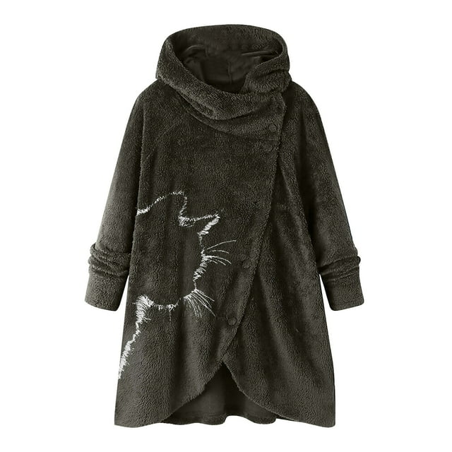 Women Printed Button Plush Tops Hooded Loose Cardigan Wool Coat Winter Jacket