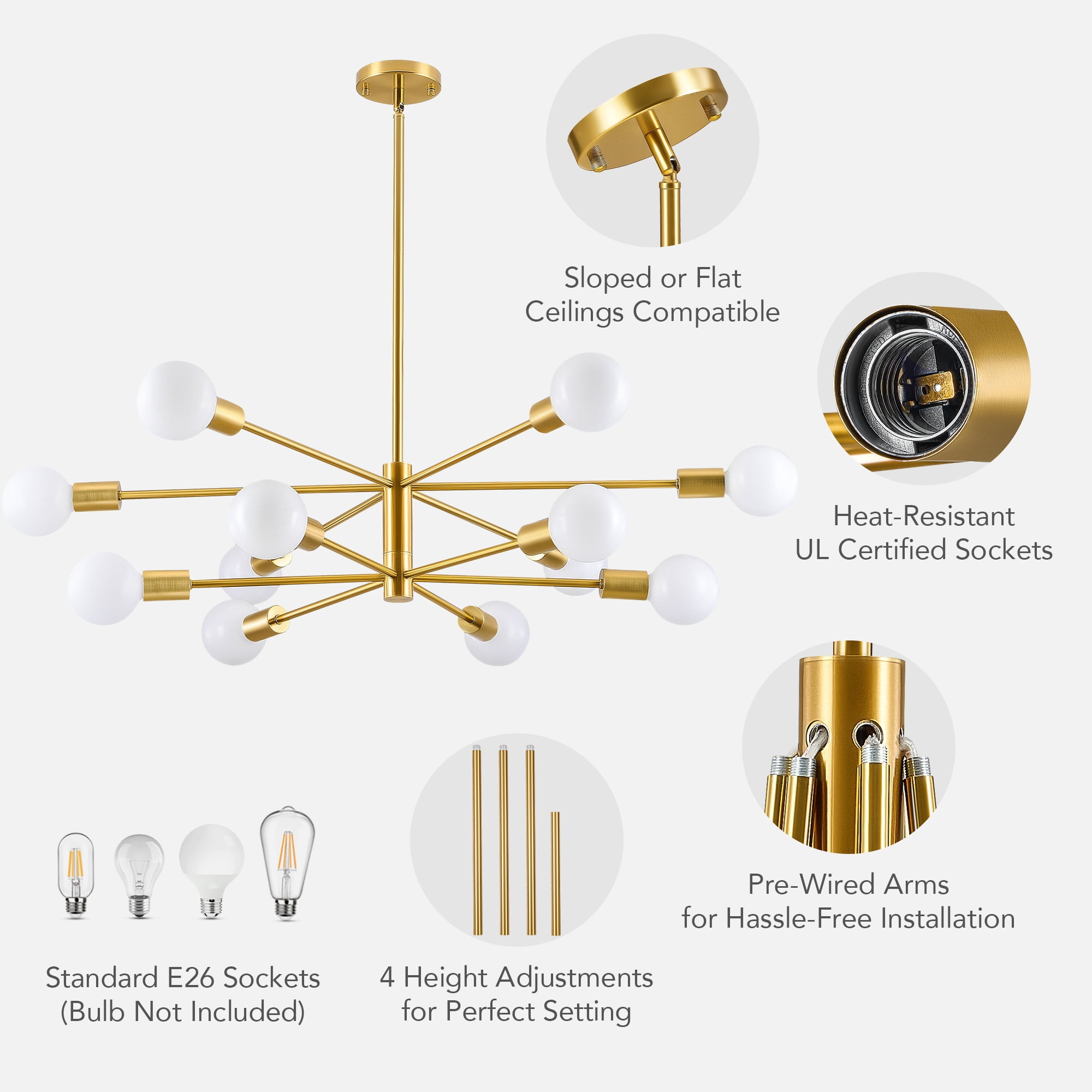Bestco 12-Light Modern Sputnik Chandelier for Dining Room with 4 Extension Rods Gold