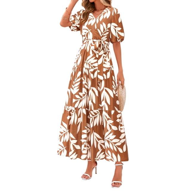 Vestido PRETTYGARDEN 2025 Verano Boho Floral Maxi Caqui M