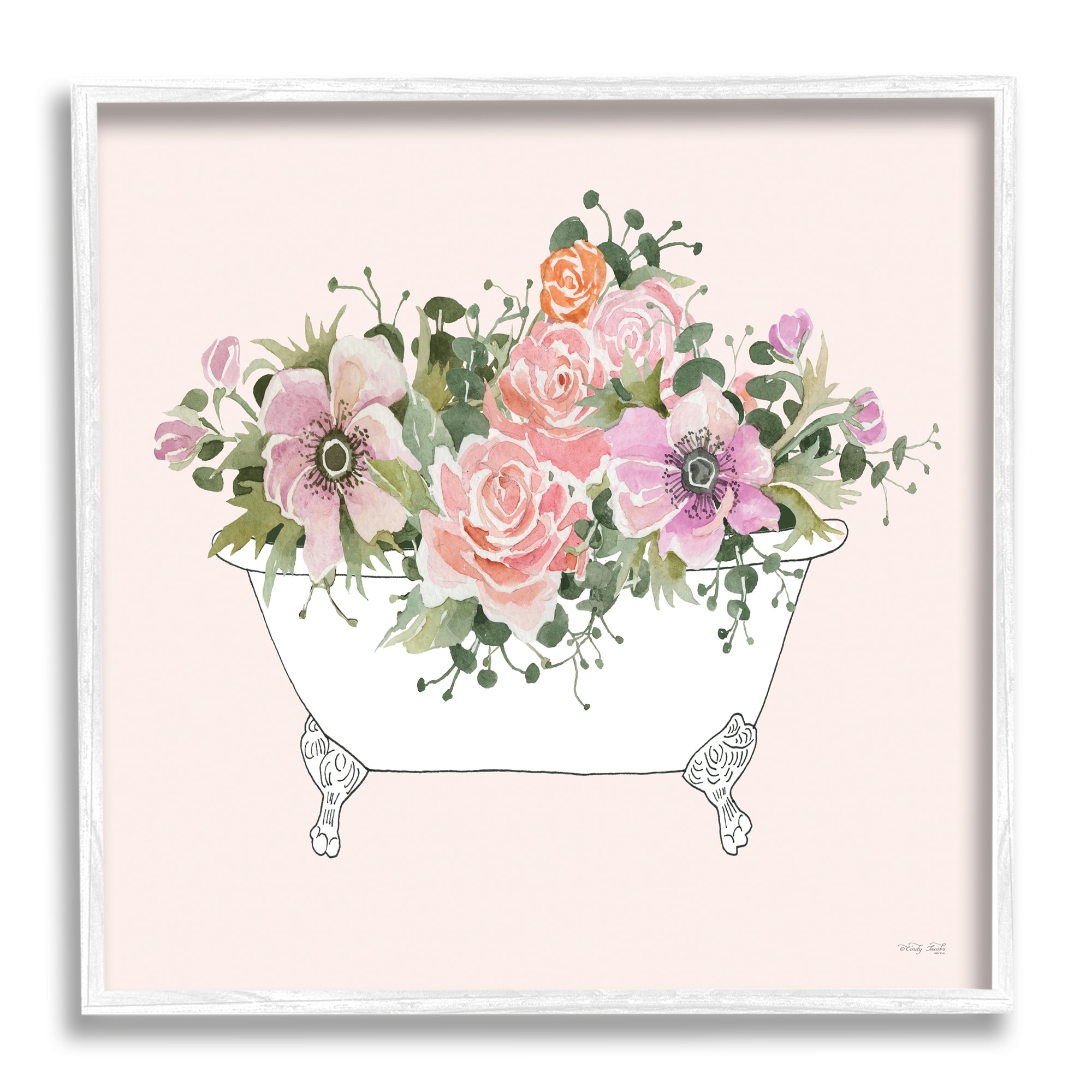 Stupell Industries Mixed Flower Arrangement Bathtub Planter Pink Blossoms Graphic Art White Framed Art Print Wall Art, Design by Cindy Jacobs