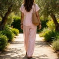 thumbnail image 4 of Women's Linen Cotton 2 Piece Pants Sets Dressy Front Twist Knot Short Sleeve Blouse Wide Leg Business Casual Outfits Pink XXL, 4 of 4